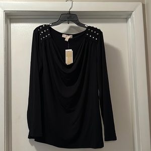 Ladies silver studded shoulder long sleeve soft shirt.